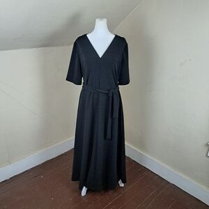 Chaus Women's Elbow Sleeve Tie Waist V-Neck Black Midi Dress Size L